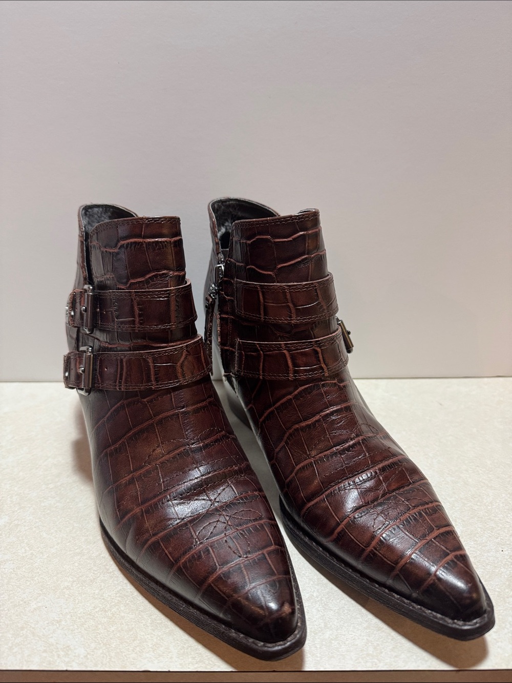 Sam Edelman Dark Brown Croc-Embossed Leather Ankle Booties